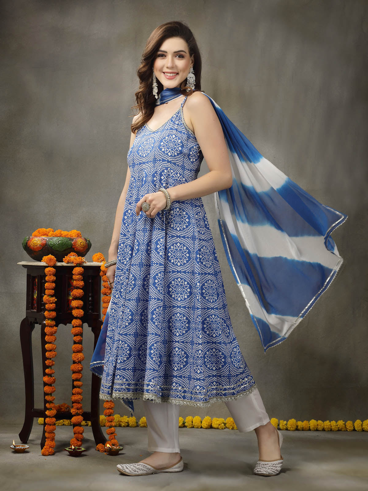 Stylum Women's Bandhej Printed Rayon Anarkali Kurta Pant Dupatta Set (KPDBLUEFALAK)