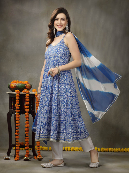 Stylum Women's Bandhej Printed Rayon Anarkali Kurta Pant Dupatta Set (KPDBLUEFALAK)