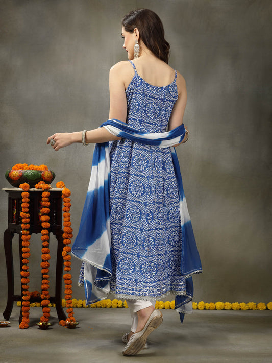 Stylum Women's Bandhej Printed Rayon Anarkali Kurta Pant Dupatta Set (KPDBLUEFALAK)