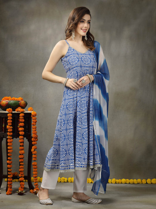 Stylum Women's Bandhej Printed Rayon Anarkali Kurta Pant Dupatta Set (KPDBLUEFALAK)