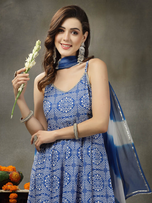 Stylum Women's Bandhej Printed Rayon Anarkali Kurta Pant Dupatta Set (KPDBLUEFALAK)