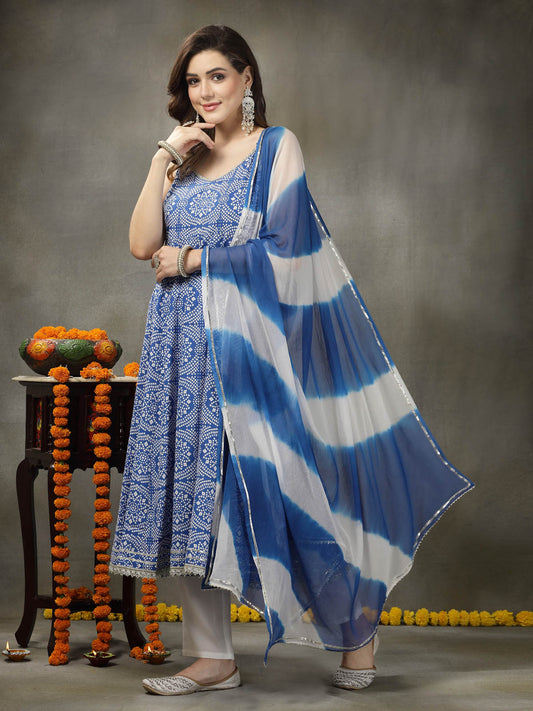 Stylum Women's Bandhej Printed Rayon Anarkali Kurta Pant Dupatta Set (KPDBLUEFALAK)