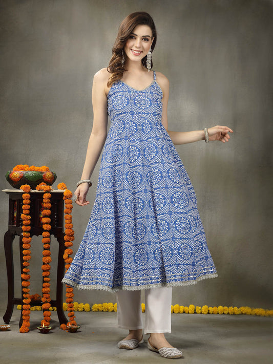 Stylum Women's Bandhej Printed Rayon Anarkali Kurta Pant Dupatta Set (KPDBLUEFALAK)