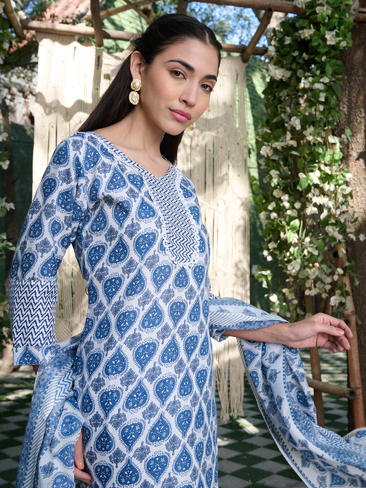 Stylum Women's Blue Striped Printed Cotton Blend Straight Kurta Pant Dupatta Set (KPDBLUEKIRO)