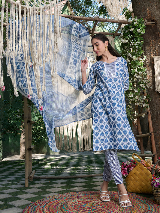 Stylum Women's Blue Striped Printed Cotton Blend Straight Kurta Pant Dupatta Set (KPDBLUEKIRO)