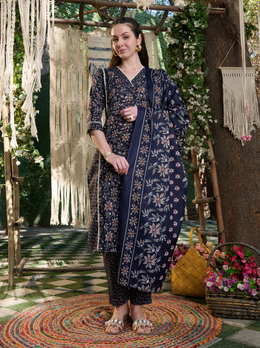 Stylum Women's Blue Ethnic Printed Cotton Blend Straight Kurta Pant Dupatta Set (KPDBLUETIFNI)