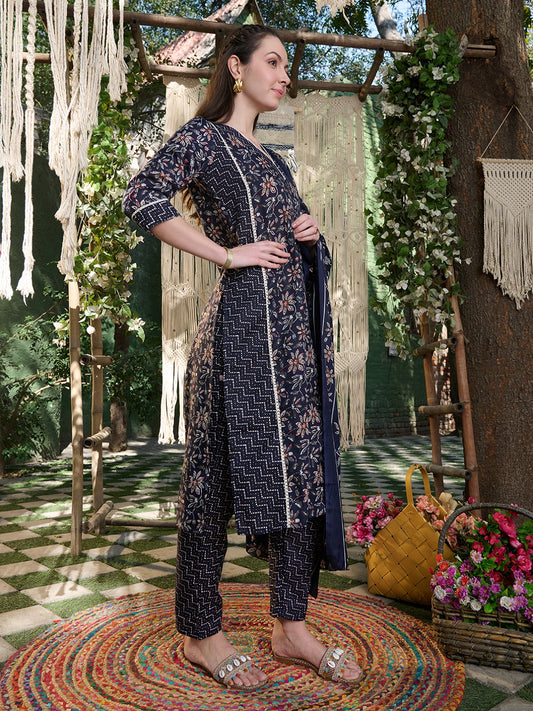 Stylum Women's Blue Ethnic Printed Cotton Blend Straight Kurta Pant Dupatta Set (KPDBLUETIFNI)