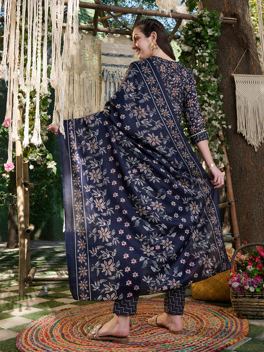 Stylum Women's Blue Ethnic Printed Cotton Blend Straight Kurta Pant Dupatta Set (KPDBLUETIFNI)