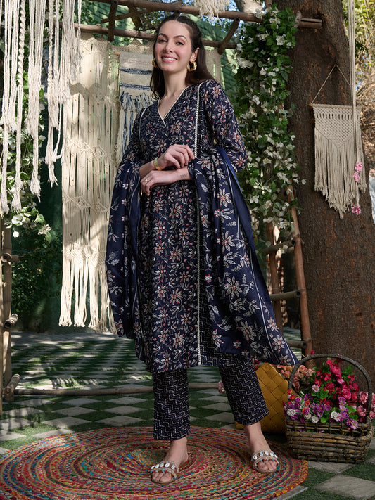 Stylum Women's Blue Ethnic Printed Cotton Blend Straight Kurta Pant Dupatta Set (KPDBLUETIFNI)