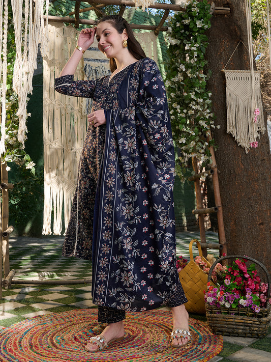 Stylum Women's Blue Ethnic Printed Cotton Blend Straight Kurta Pant Dupatta Set (KPDBLUETIFNI)