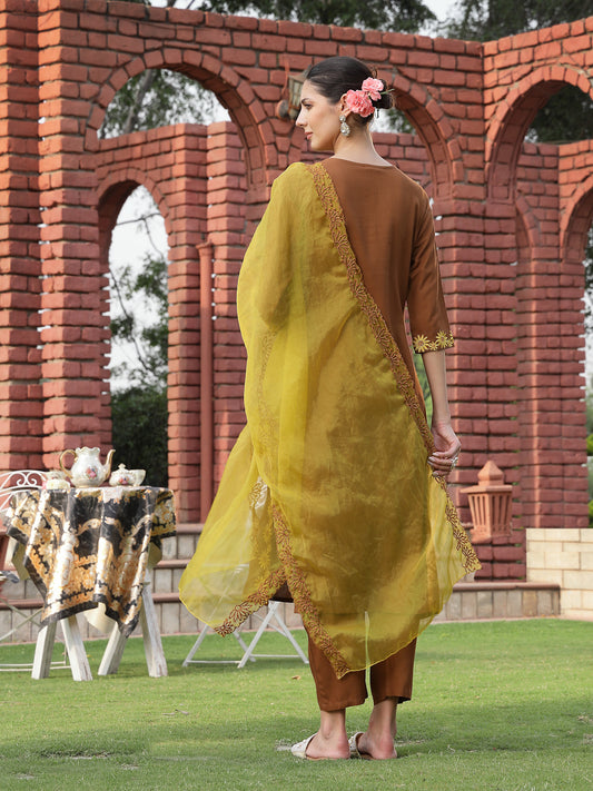 Stylum Women's Brown Solid & Embroidered Rayon Straight Kurta Pant Dupatta Set (KPDBROWNEBELL)