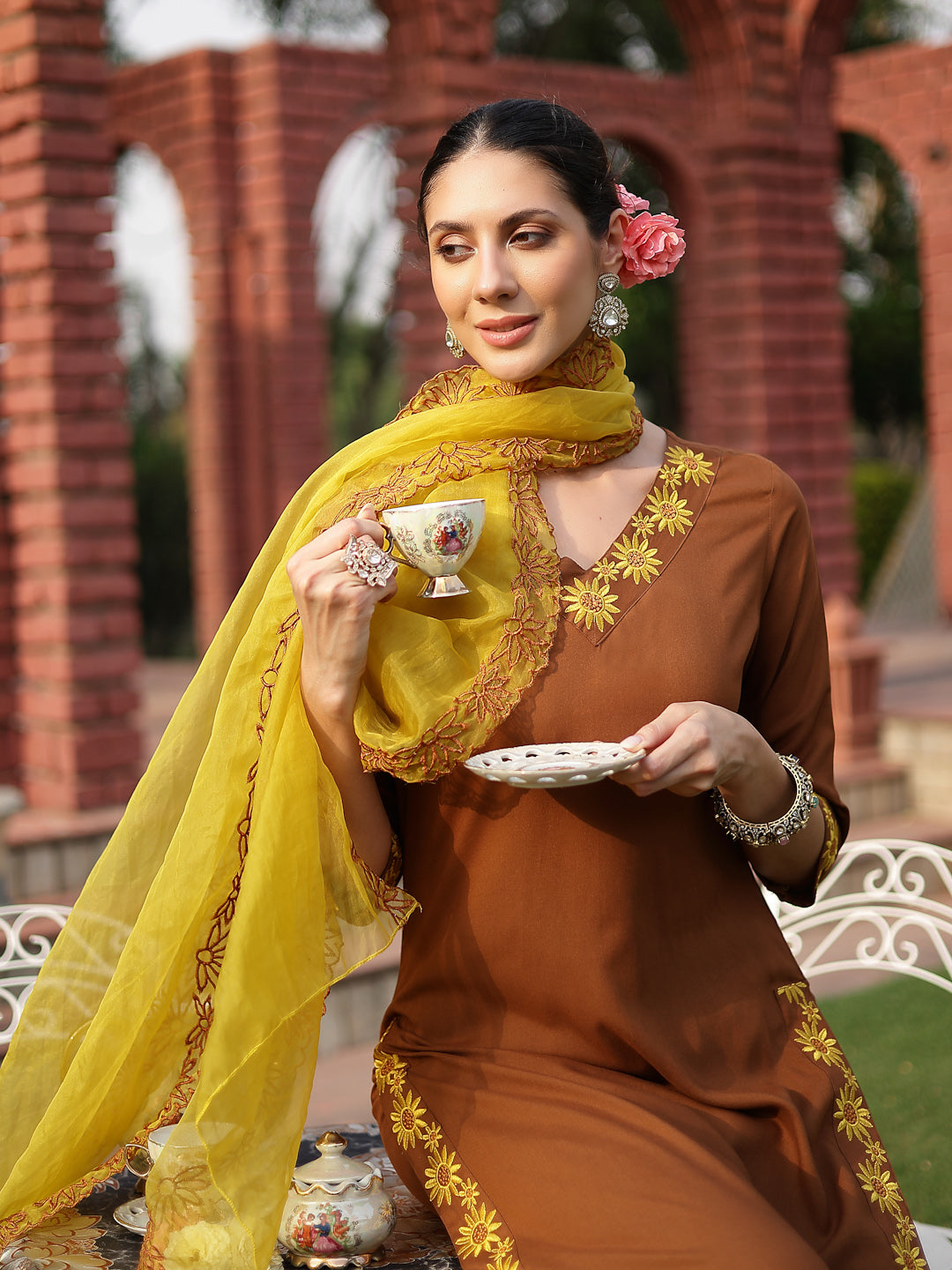 Stylum Women's Brown Solid & Embroidered Rayon Straight Kurta Pant Dupatta Set (KPDBROWNEBELL)