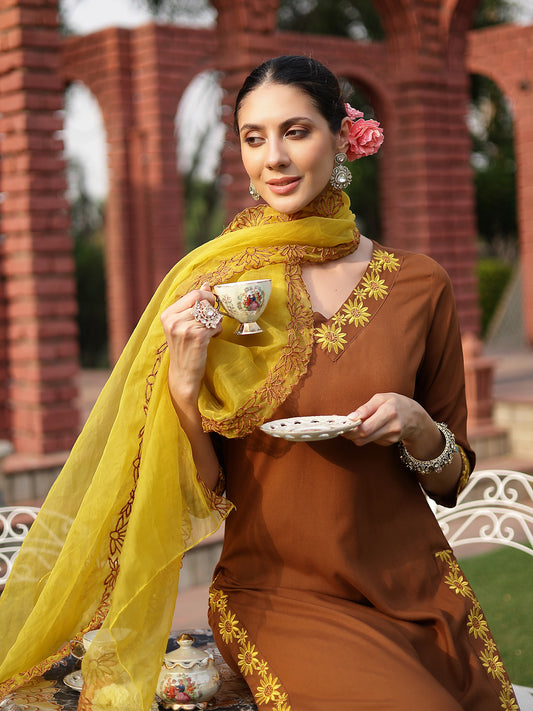 Stylum Women's Brown Solid & Embroidered Rayon Straight Kurta Pant Dupatta Set (KPDBROWNEBELL)