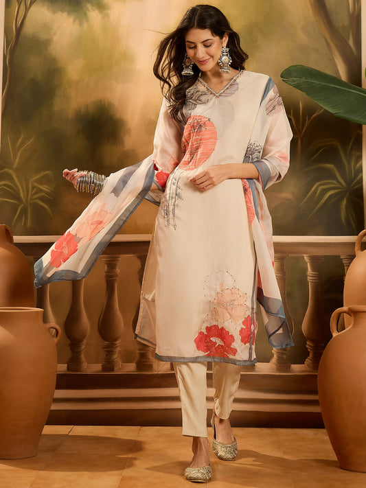 Stylum Women's Off White Printed & Embroidered Soft Organza Straight Kurta Pant Dupatta Set (KPDCREAMSUZANA)