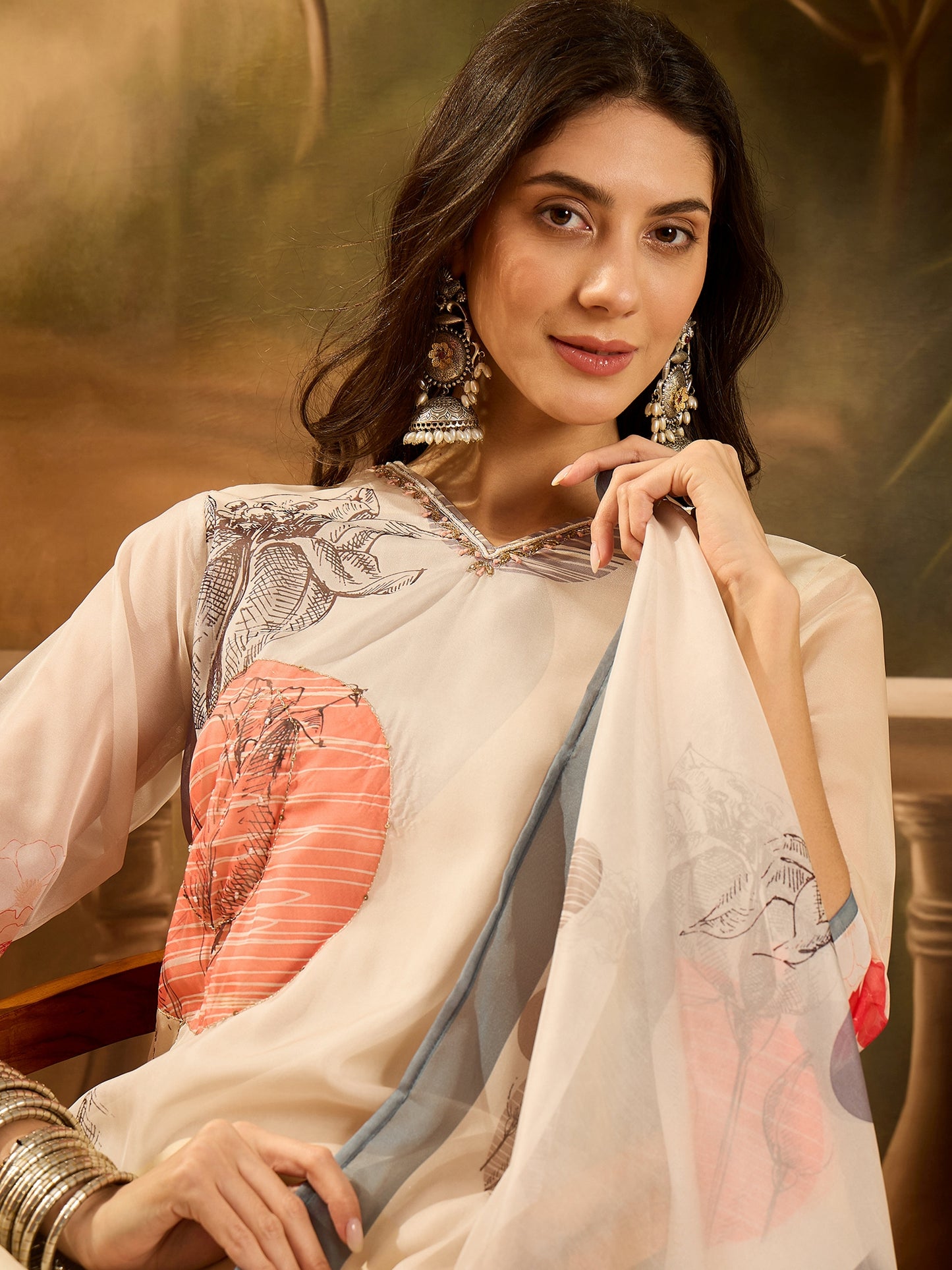Stylum Women's Off White Printed & Embroidered Soft Organza Straight Kurta Pant Dupatta Set (KPDCREAMSUZANA)