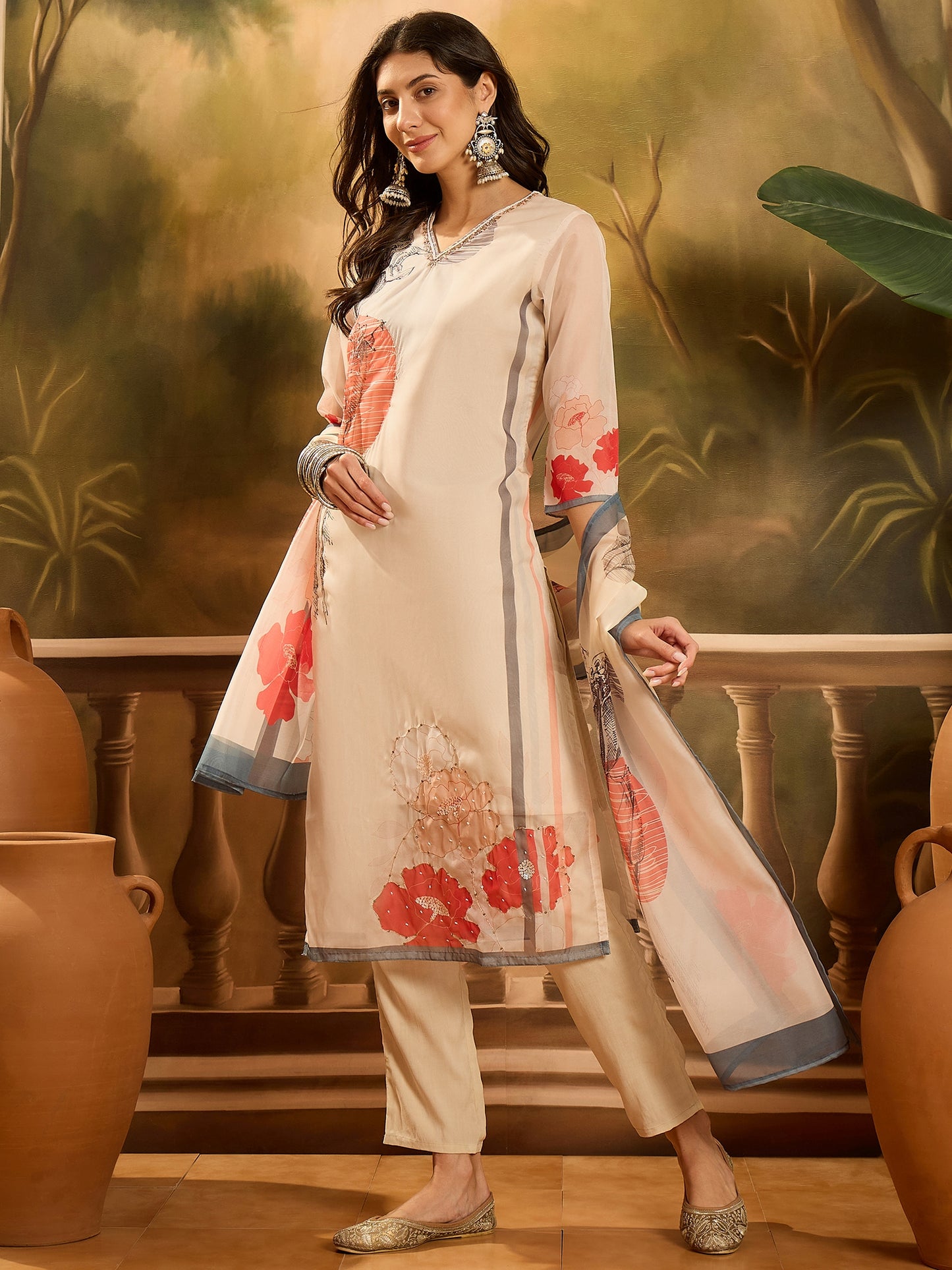 Stylum Women's Off White Printed & Embroidered Soft Organza Straight Kurta Pant Dupatta Set (KPDCREAMSUZANA)