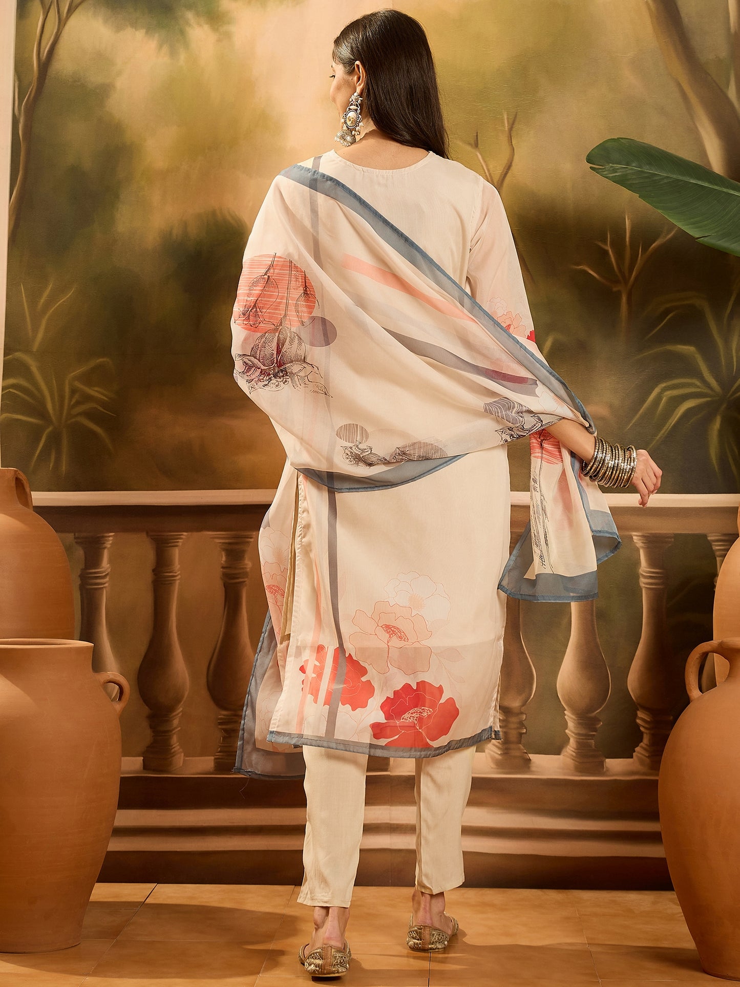 Stylum Women's Off White Printed & Embroidered Soft Organza Straight Kurta Pant Dupatta Set (KPDCREAMSUZANA)