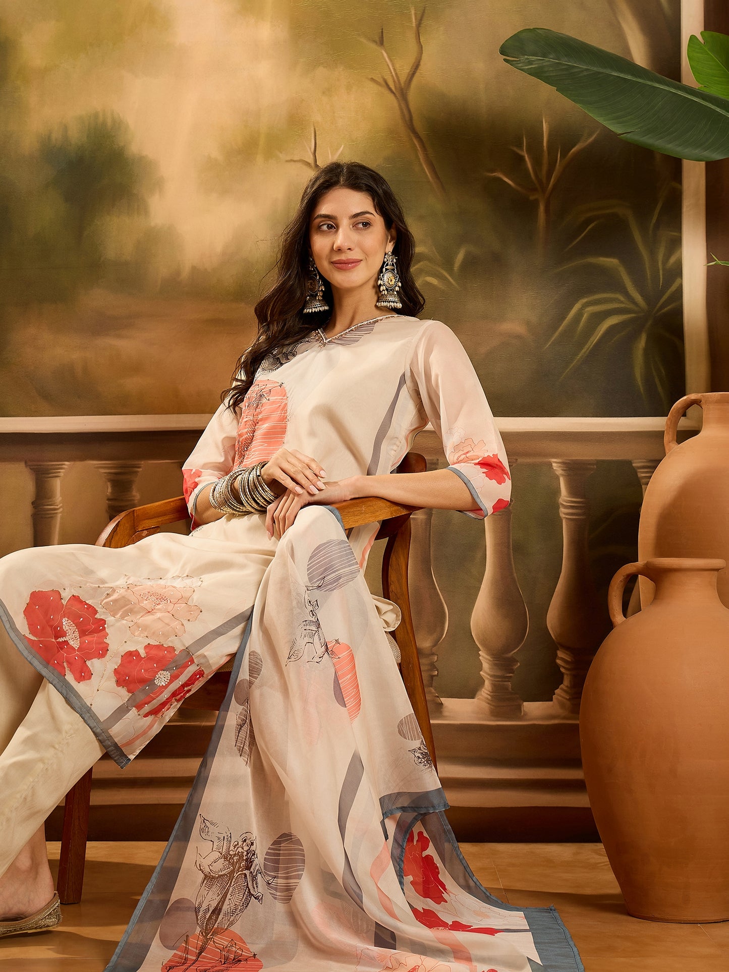 Stylum Women's Off White Printed & Embroidered Soft Organza Straight Kurta Pant Dupatta Set (KPDCREAMSUZANA)