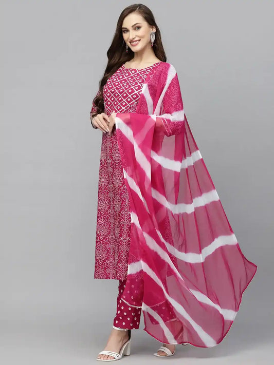 Stylum Women's Bandhej Printed Rayon Kurta Pant Dupatta Set (KPDGEMLEMON)