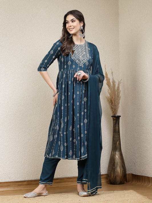 Stylum Women's Printed & Embroidered Naira Cut Kurta Pant Dupatta Set (KPDGERMANTEAL)
