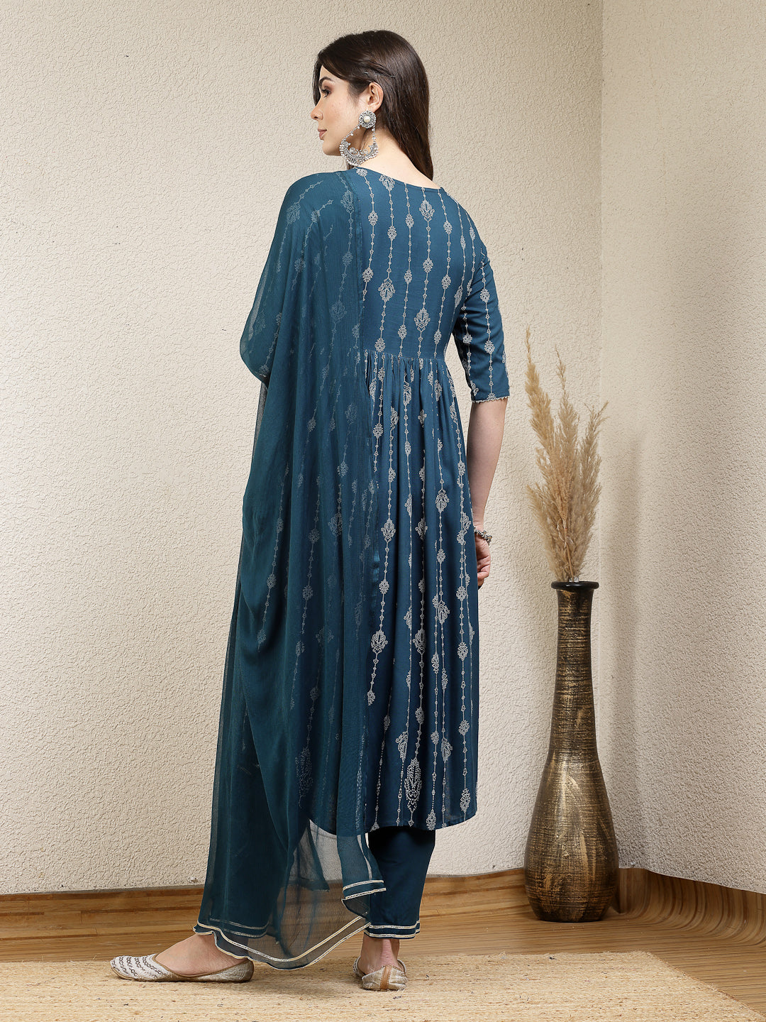 Stylum Women's Printed & Embroidered Naira Cut Kurta Pant Dupatta Set (KPDGERMANTEAL)