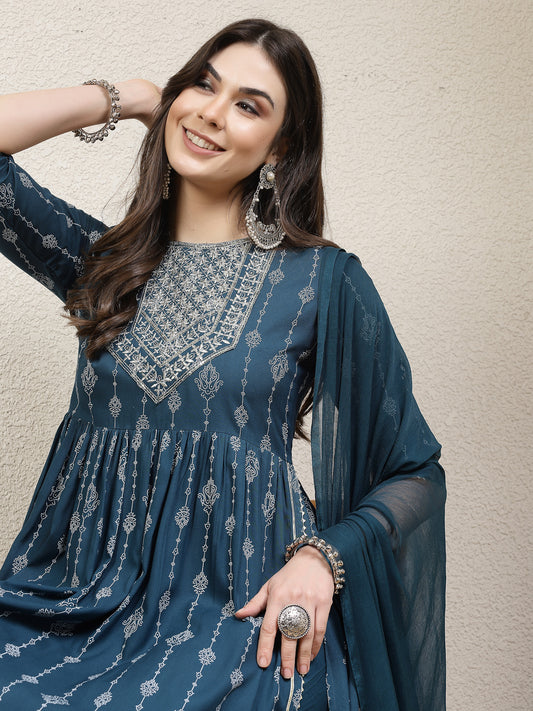 Stylum Women's Printed & Embroidered Naira Cut Kurta Pant Dupatta Set (KPDGERMANTEAL)