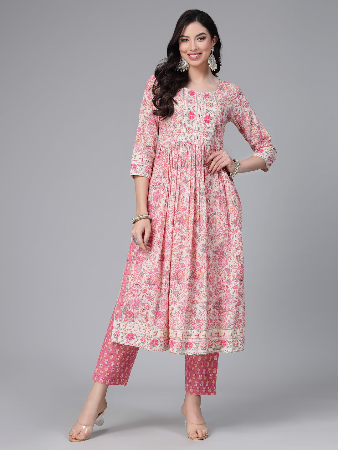 Stylum Women's Floral Printed Cotton Naira Cut Kurta Pant Dupatta Set (KPDGOHER)