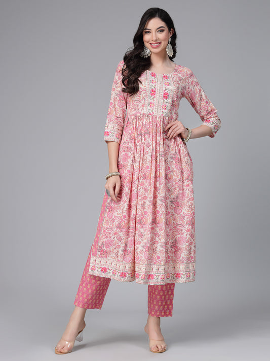 Stylum Women's Floral Printed Cotton Naira Cut Kurta Pant Dupatta Set (KPDGOHER)