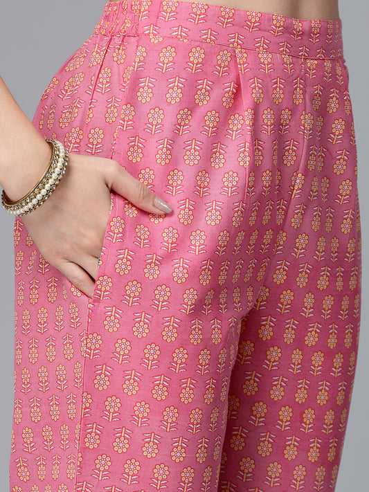Stylum Women's Floral Printed Cotton Naira Cut Kurta Pant Dupatta Set (KPDGOHER)