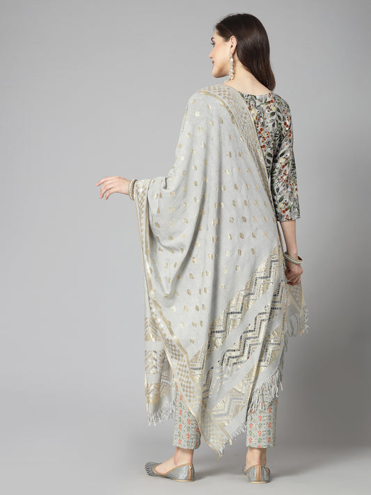 Stylum Women's Floral Printed Cotton Blend Straight Kurta Pant Dupatta Set (KPDGREENDANGAL)
