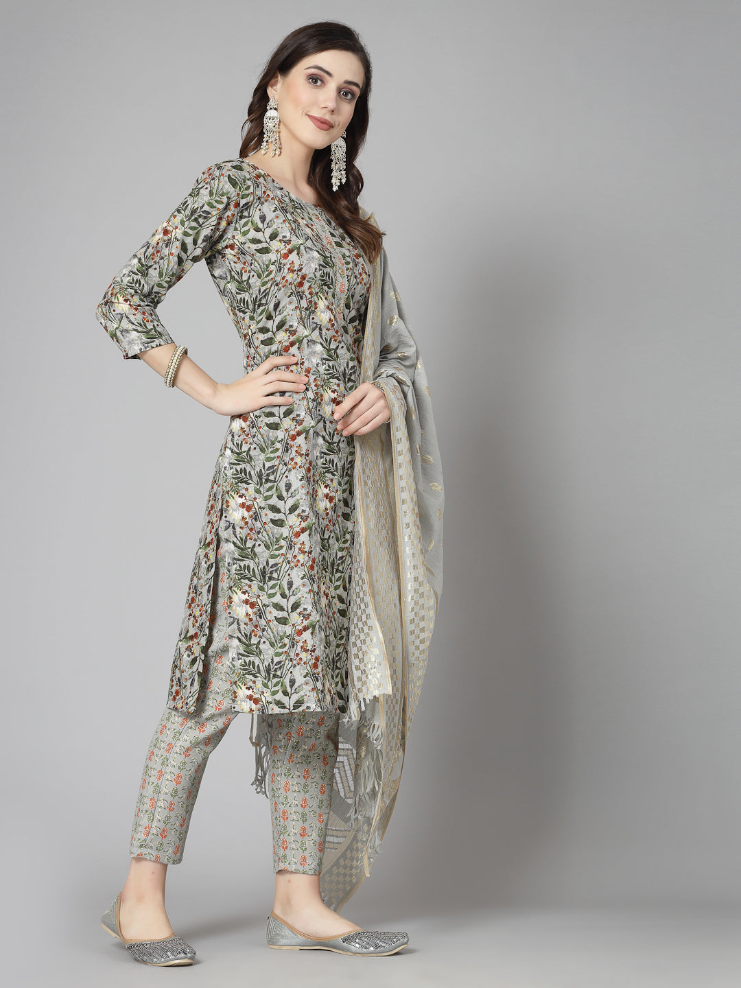 Stylum Women's Floral Printed Cotton Blend Straight Kurta Pant Dupatta Set (KPDGREENDANGAL)