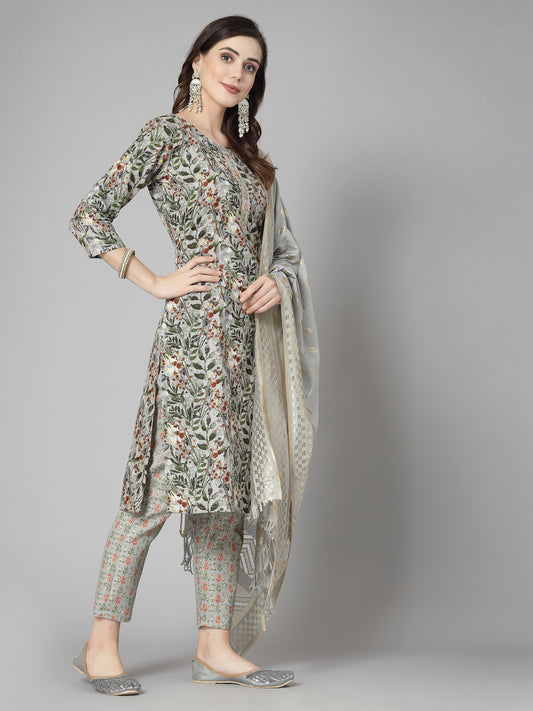 Stylum Women's Floral Printed Cotton Blend Straight Kurta Pant Dupatta Set (KPDGREENDANGAL)
