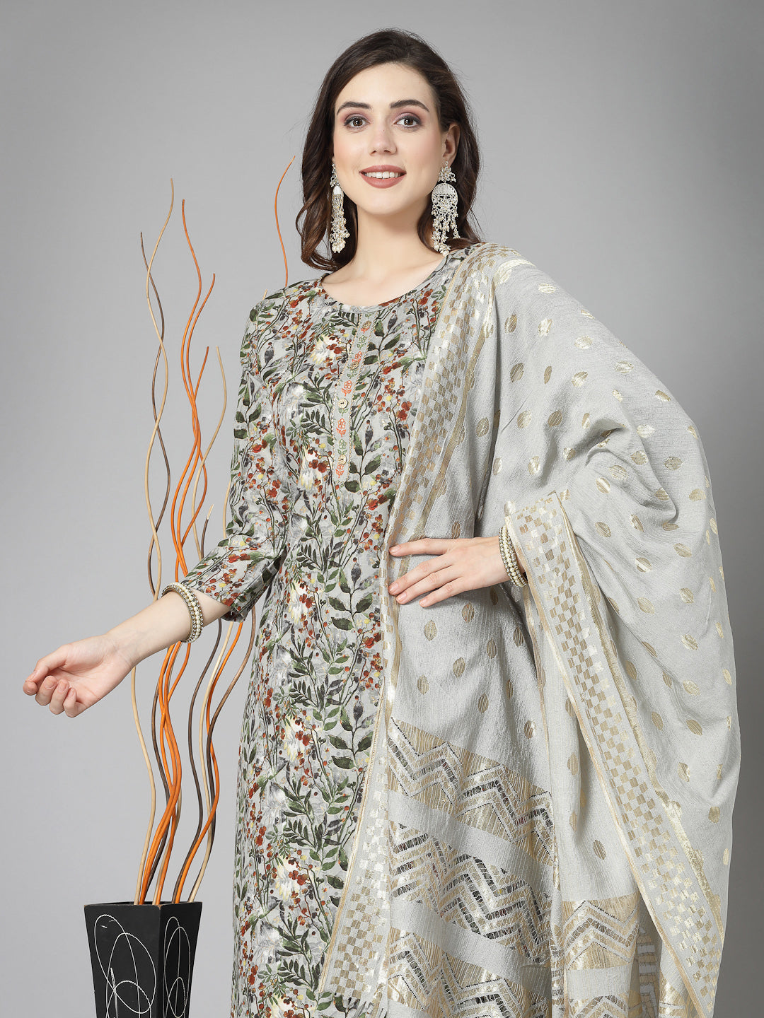 Stylum Women's Floral Printed Cotton Blend Straight Kurta Pant Dupatta Set (KPDGREENDANGAL)