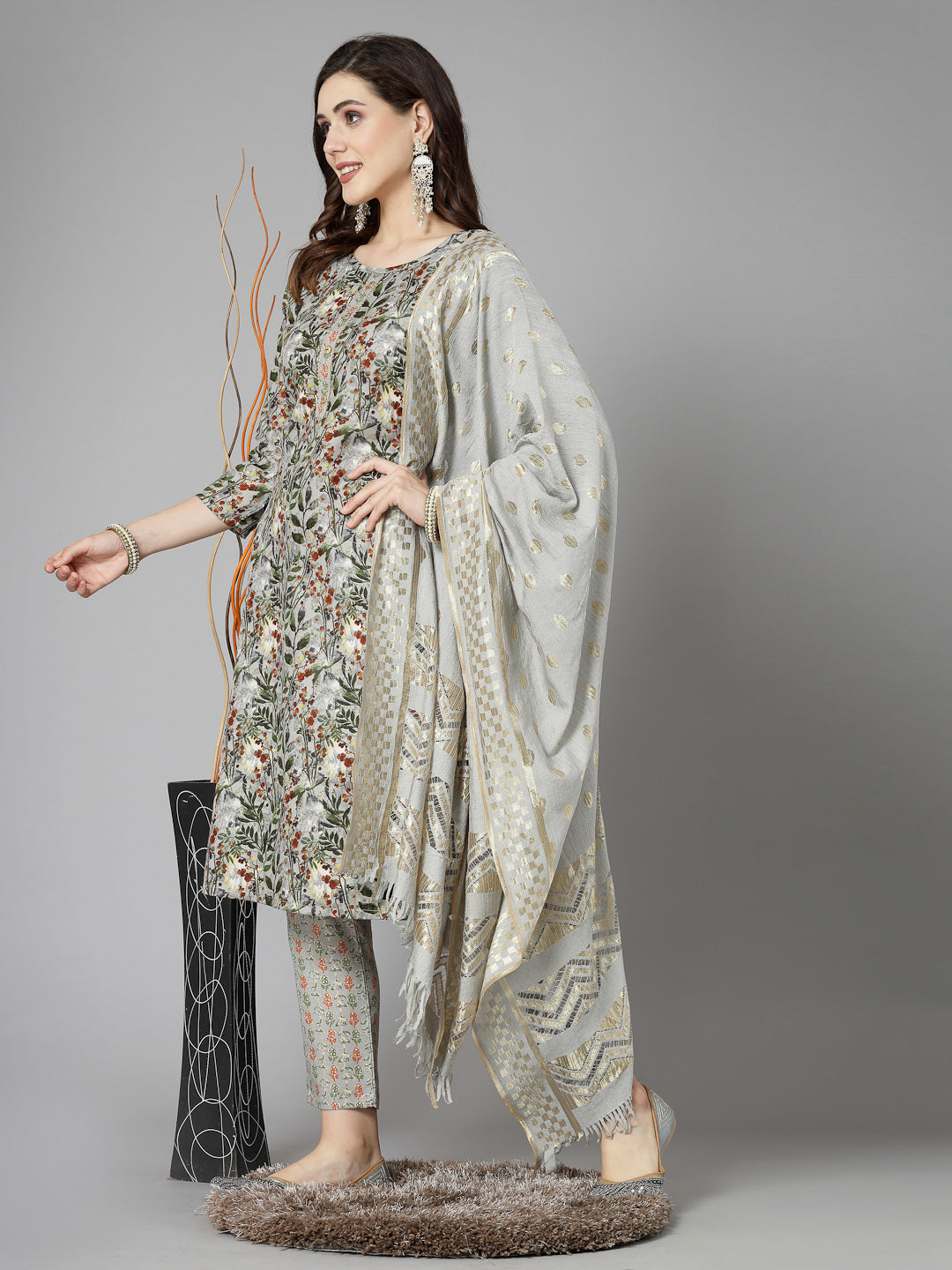 Stylum Women's Floral Printed Cotton Blend Straight Kurta Pant Dupatta Set (KPDGREENDANGAL)