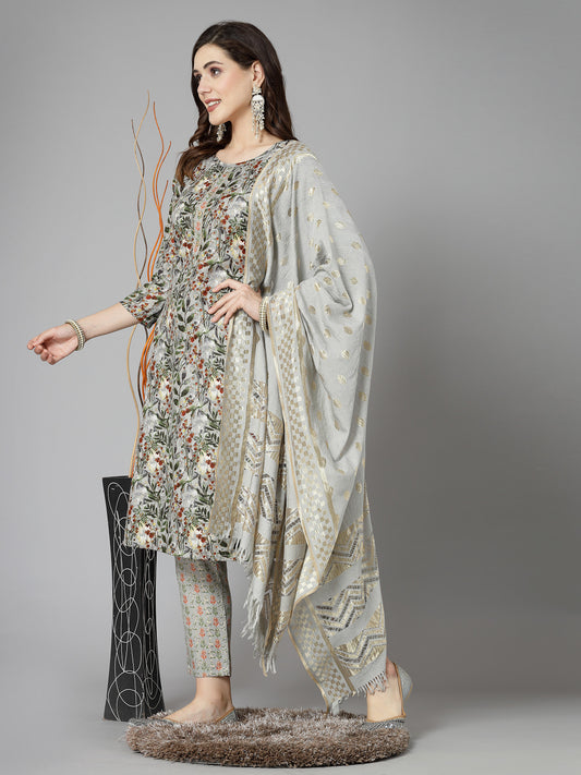 Stylum Women's Floral Printed Cotton Blend Straight Kurta Pant Dupatta Set (KPDGREENDANGAL)