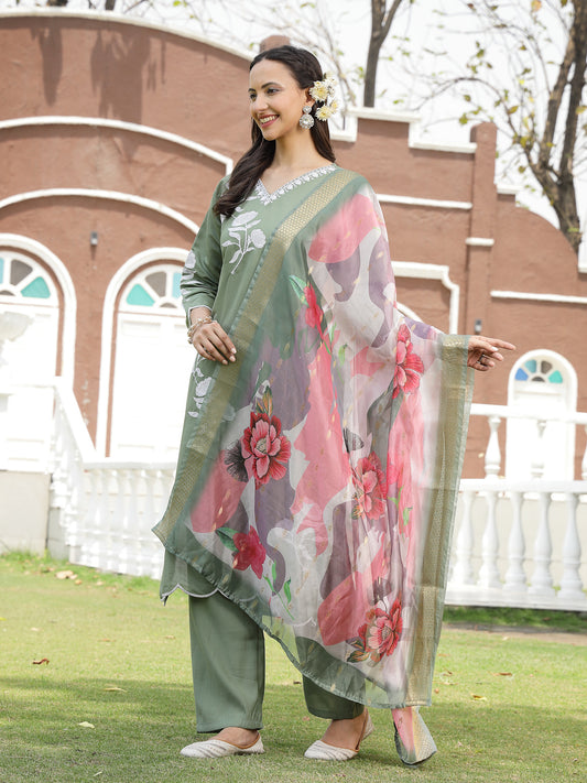 Stylum Women's Green Solid & Embroidered Silk Blend Straight Kurta Pant Dupatta Set (KPDGREENFAI)