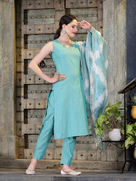 Stylum Women's Woven Designed Cotton Blend Straight Kurta Pant Dupatta Set (KPDGREENJERICO)