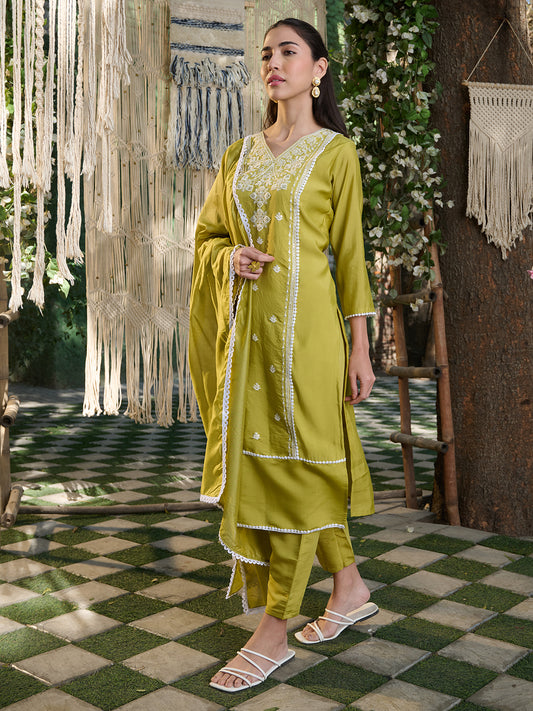 Stylum Women's Green Embroidered Silk Blend Straight Kurta Pant Dupatta Set (KPDGREENLAFING)