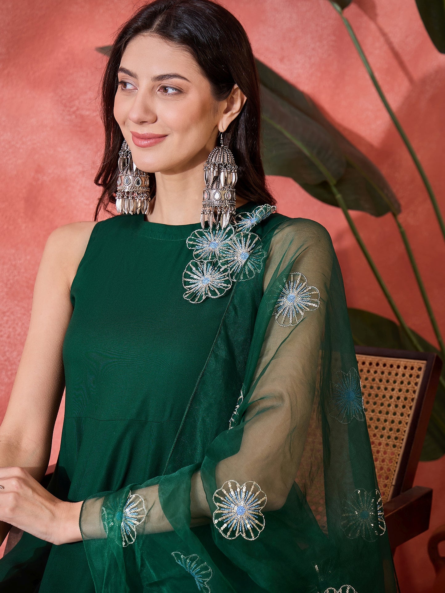 Stylum Women's Green Solid & Embellished Rayon Flared Kurta Palazzo Dupatta Set (KPDGREENPURVI)