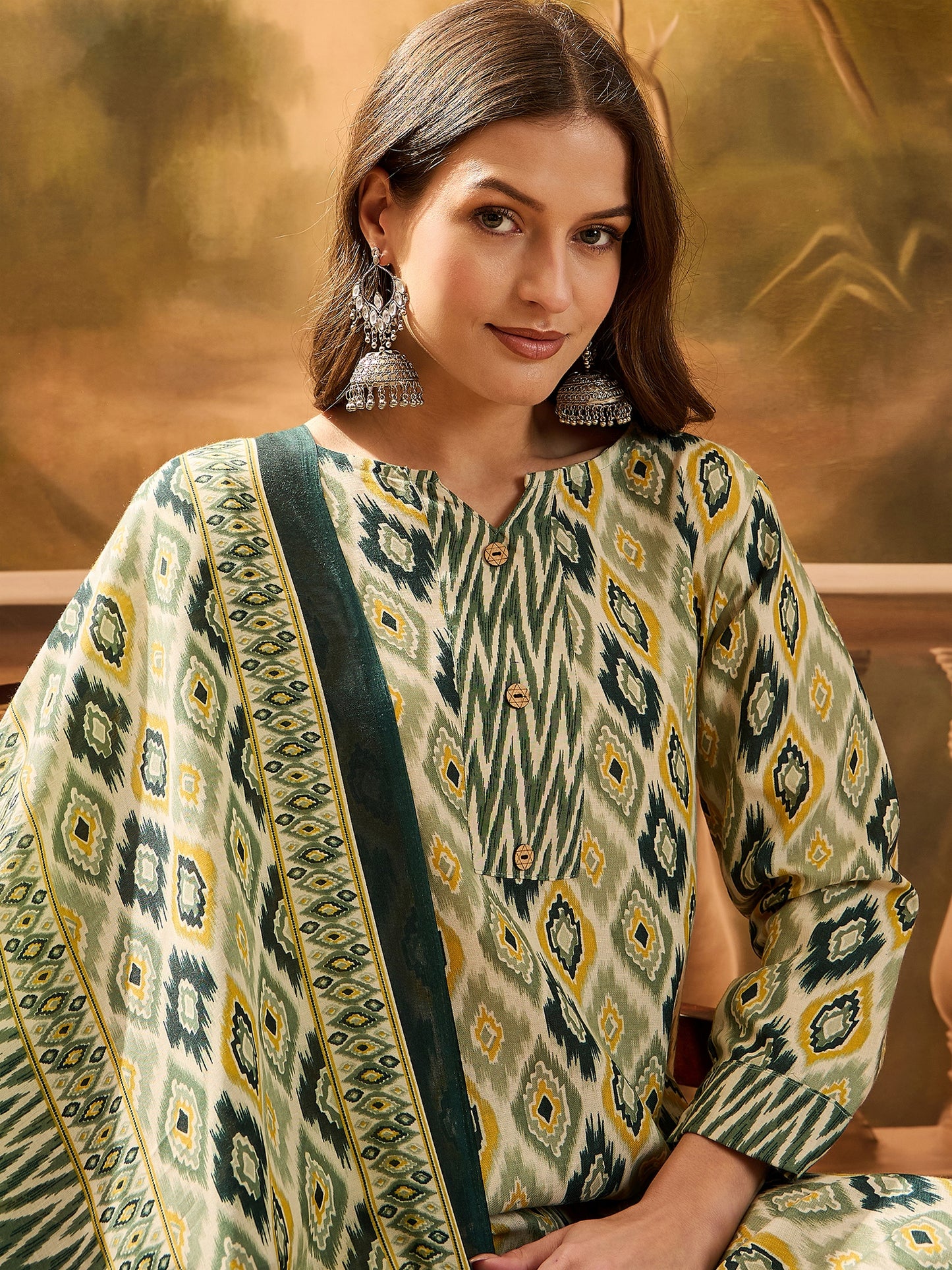Stylum Women's Green Geometric Printed Cotton Blend Straight Kurta Pant Dupatta Set (KPDGREENSABU)