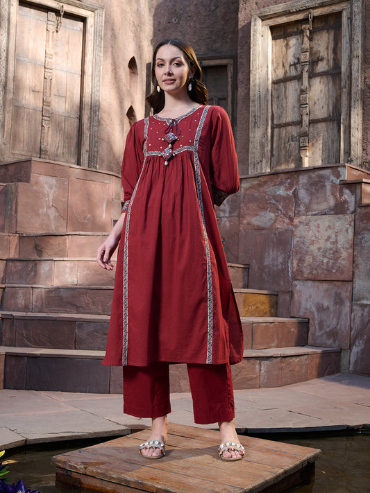 Stylum Women's Maroon Solid Cotton Kurta Pant Dupatta Set (KPDMAROONSIFAR)
