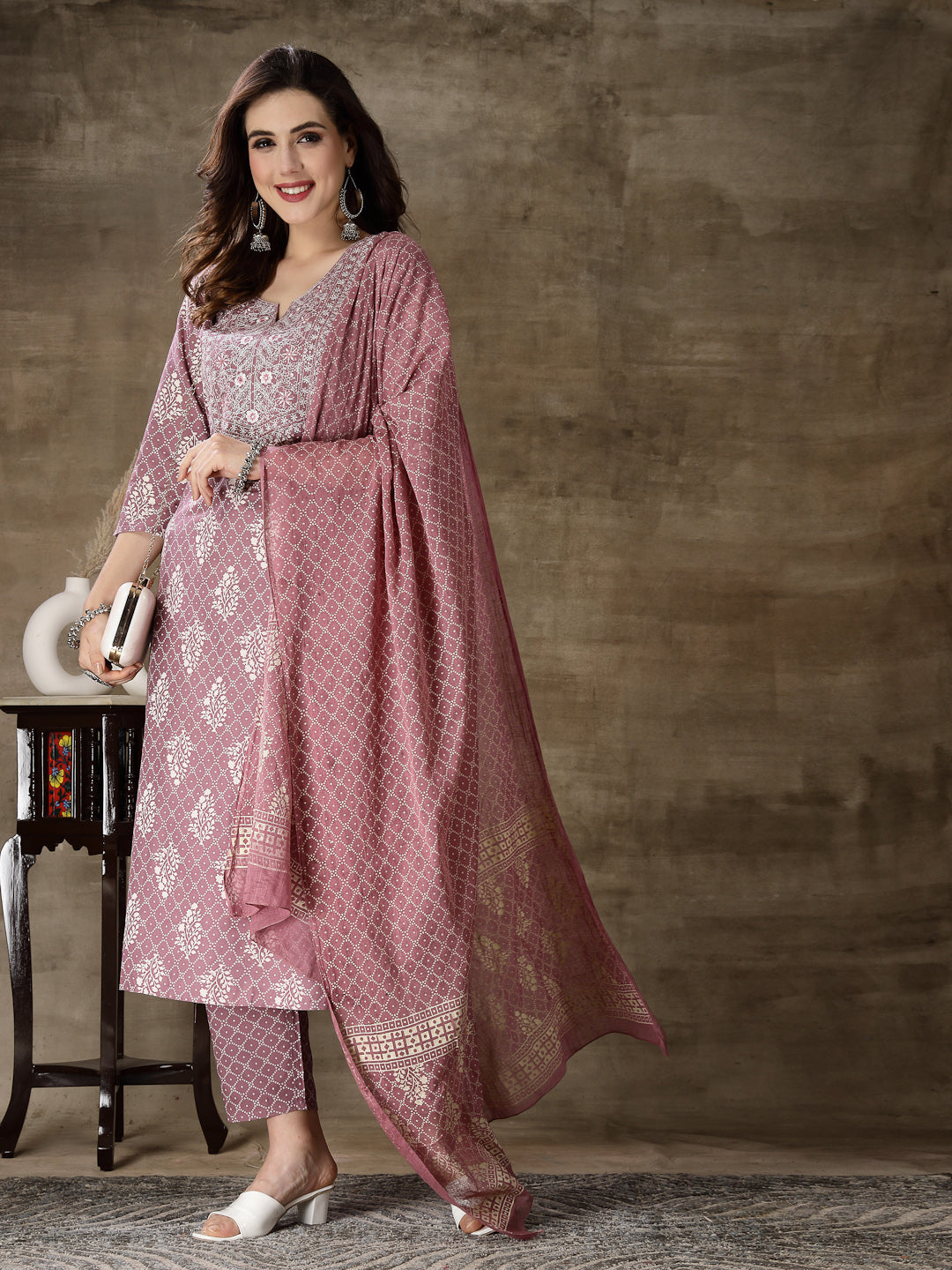Stylum Women's Printed & Embroidered Rayon Straight Kurta Pant Dupatta Set (KPDMAUVEKOHLI)