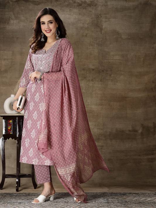 Stylum Women's Printed & Embroidered Rayon Straight Kurta Pant Dupatta Set (KPDMAUVEKOHLI)