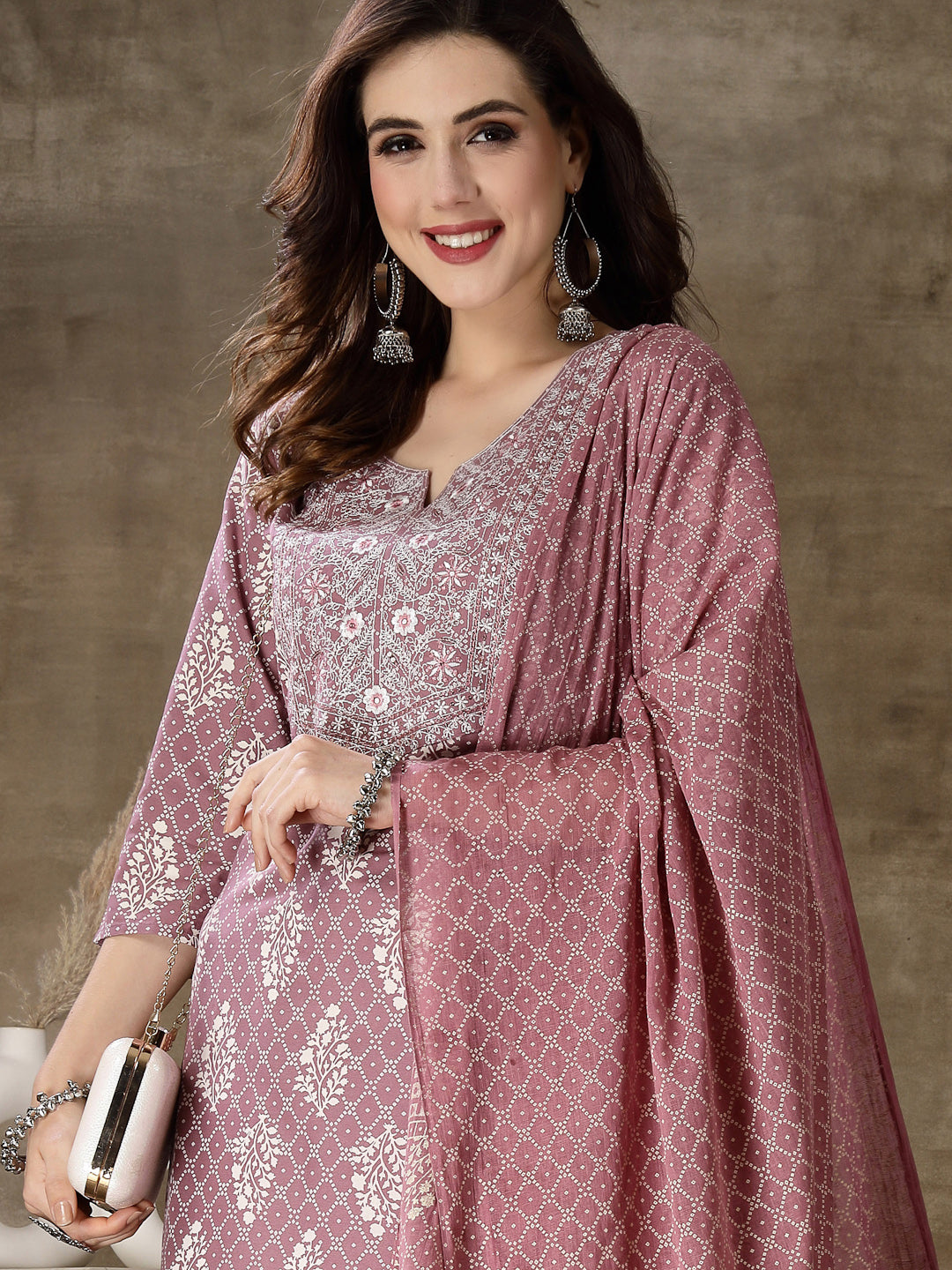 Stylum Women's Printed & Embroidered Rayon Straight Kurta Pant Dupatta Set (KPDMAUVEKOHLI)