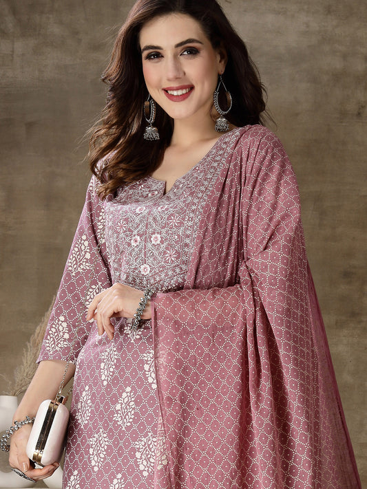 Stylum Women's Printed & Embroidered Rayon Straight Kurta Pant Dupatta Set (KPDMAUVEKOHLI)