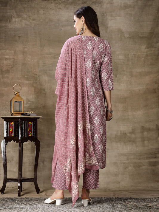 Stylum Women's Printed & Embroidered Rayon Straight Kurta Pant Dupatta Set (KPDMAUVEKOHLI)