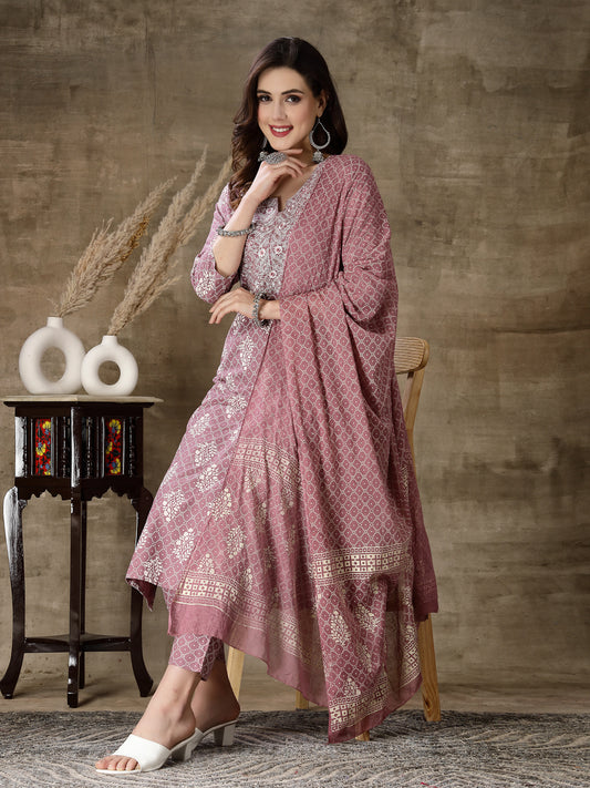 Stylum Women's Printed & Embroidered Rayon Straight Kurta Pant Dupatta Set (KPDMAUVEKOHLI)
