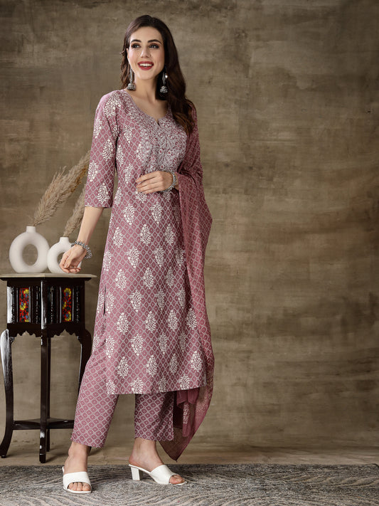 Stylum Women's Printed & Embroidered Rayon Straight Kurta Pant Dupatta Set (KPDMAUVEKOHLI)