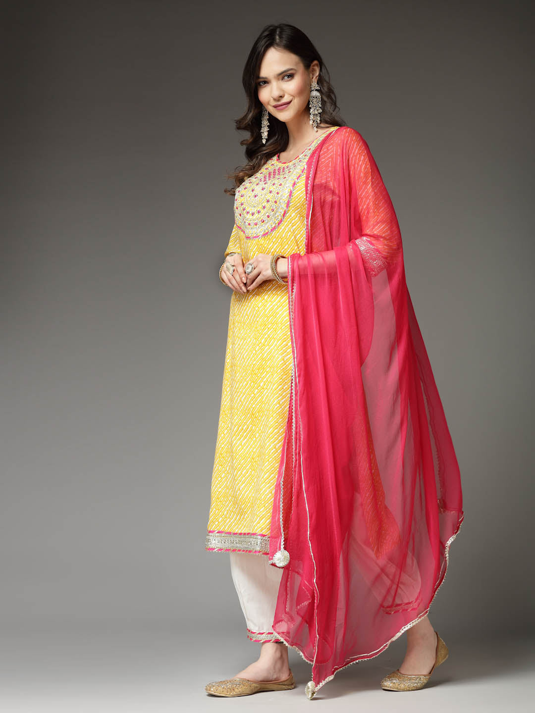 Stylum Women's Lehariya Printed & Embroidered Rayon Straight Kurta Pant Dupatta Set (KPDMUSTARDFLAME)
