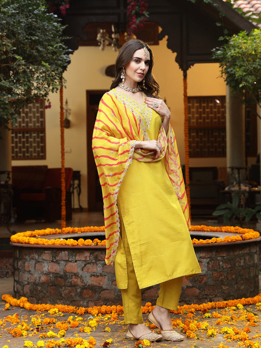 Stylum Women's Mustard Lehariya Solid & Embroidered Muslin Straight Kurta Pant Dupatta Set (KPDMUSTARDKASTURI)